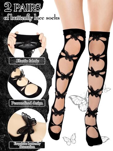 Geyoga 2 Pairs Women Lace Bows Lolita Socks Gothic Harajuku Cute Knee High Socks Cut out Kawaii Goth Stockings in Saudi Arabia