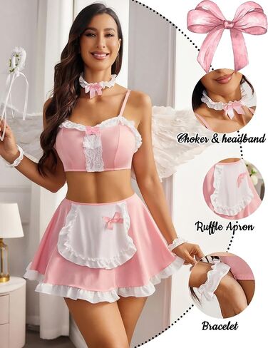Avidlove Lingerie Set for Women Ruffle French Maid Outfit with Headpiece Halloween Cosplay Lingerie Set 5 Pack Maid Costume in Saudi Arabia
