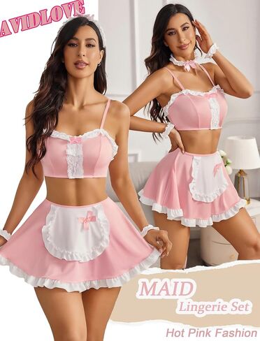 Avidlove Lingerie Set for Women Ruffle French Maid Outfit with Headpiece Halloween Cosplay Lingerie Set 5 Pack Maid Costume in Saudi Arabia