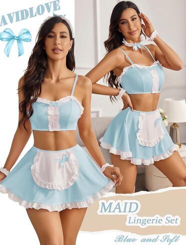 Avidlove Lingerie Set for Women Ruffle French Maid Outfit with Headpiece Halloween Cosplay Lingerie Set 5 Pack Maid Costume in Saudi Arabia