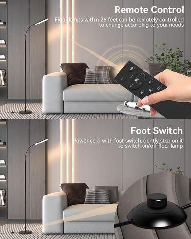 LED Floor Lamp, Bright Floor Lamp for Living Room with Remote Control Foot Switch, Stepless Adjustable Colour Temperature Brightness Standing Lamp with Timer, Eye Caring Floor Lamp for Bedroom in Kuwait