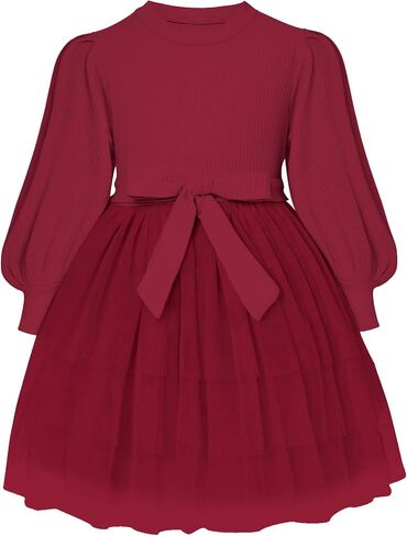 Toddler Girl Tulle Dress Puff Long Sleeves Tutu Dresses with Tie Belt for Princess Brithday Party 1-6T in Saudi Arabia