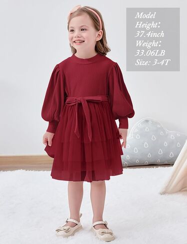 Toddler Girl Tulle Dress Puff Long Sleeves Tutu Dresses with Tie Belt for Princess Brithday Party 1-6T in Saudi Arabia