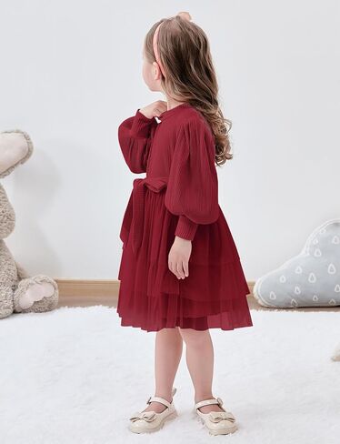 Toddler Girl Tulle Dress Puff Long Sleeves Tutu Dresses with Tie Belt for Princess Brithday Party 1-6T in Saudi Arabia