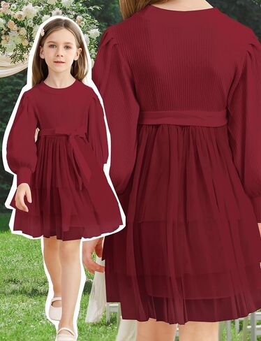 Toddler Girl Tulle Dress Puff Long Sleeves Tutu Dresses with Tie Belt for Princess Brithday Party 1-6T in Saudi Arabia