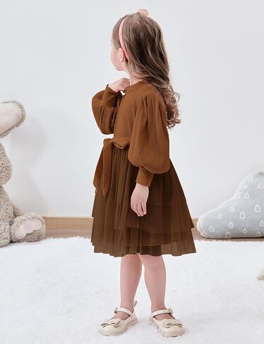Toddler Girl Tulle Dress Puff Long Sleeves Tutu Dresses with Tie Belt for Princess Brithday Party 1-6T in Saudi Arabia