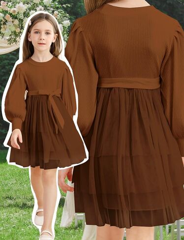 Toddler Girl Tulle Dress Puff Long Sleeves Tutu Dresses with Tie Belt for Princess Brithday Party 1-6T in Saudi Arabia