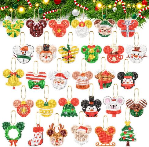 30Pcs 5D Christmas Mouse Diamond Keychain Hanging Ornaments DIY Mosaic Stickers by Numbers Diamond Art Full Drill Key Chain Handmade Rhinestone Art Crafts Pendant Gift Tags for Kids in Kuwait