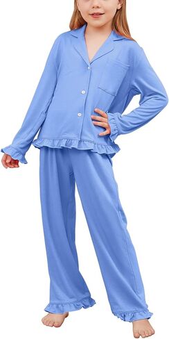 QPANCY Girls Pajamas Sets Ruffle Long Sleeve Button Down Sleepwear Loungewear kids 2 Piece Pjs Set in Saudi Arabia