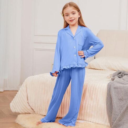 QPANCY Girls Pajamas Sets Ruffle Long Sleeve Button Down Sleepwear Loungewear kids 2 Piece Pjs Set in Saudi Arabia