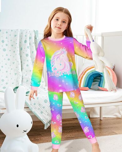 Girls Pajamas Toddler Kids Long Sleeve 2 Piece Pjs Set Unicorn Jammies Snug Fit Sleepwear 3T-10Y in Saudi Arabia