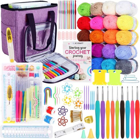 JC CRAFT 137-Piece Crochet Kit for Beginners Adults & Kids: 20 Vibrant Yarns, Ergonomic Hooks, Complete Supplies, Stylish Bag – Perfect Crochet Starter Kit, 1970 Yards of Yarn, Purple in Saudi Arabia