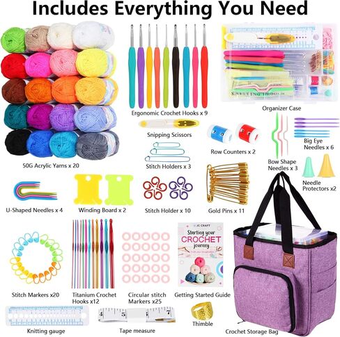JC CRAFT 137-Piece Crochet Kit for Beginners Adults & Kids: 20 Vibrant Yarns, Ergonomic Hooks, Complete Supplies, Stylish Bag – Perfect Crochet Starter Kit, 1970 Yards of Yarn, Purple in Saudi Arabia