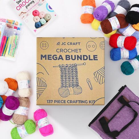 JC CRAFT 137-Piece Crochet Kit for Beginners Adults & Kids: 20 Vibrant Yarns, Ergonomic Hooks, Complete Supplies, Stylish Bag – Perfect Crochet Starter Kit, 1970 Yards of Yarn, Purple in Saudi Arabia