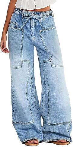 Flamingals Wide Leg Jeans for Women Drawsting Mid Waist Baggy Jeans Belted Wash Stitch Detai Trouser Jeans in Saudi Arabia