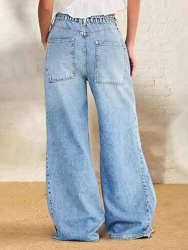 Flamingals Wide Leg Jeans for Women Drawsting Mid Waist Baggy Jeans Belted Wash Stitch Detai Trouser Jeans in Saudi Arabia