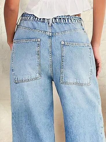 Flamingals Wide Leg Jeans for Women Drawsting Mid Waist Baggy Jeans Belted Wash Stitch Detai Trouser Jeans in Saudi Arabia