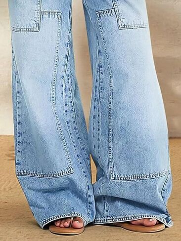 Flamingals Wide Leg Jeans for Women Drawsting Mid Waist Baggy Jeans Belted Wash Stitch Detai Trouser Jeans in Saudi Arabia