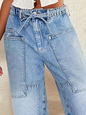 Flamingals Wide Leg Jeans for Women Drawsting Mid Waist Baggy Jeans Belted Wash Stitch Detai Trouser Jeans in Saudi Arabia