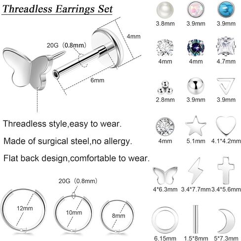 REVOLIA 21Pairs 20G Threadless Cartilage Earrings Set Surgical Steel Push in Earrings for Women Men Hypoallergenic Flat Back Earrings Huggie Hoop Earrings Heart Star Pearl Stud Earrings for Multiple Piercing 6/8mm in Saudi Arabia
