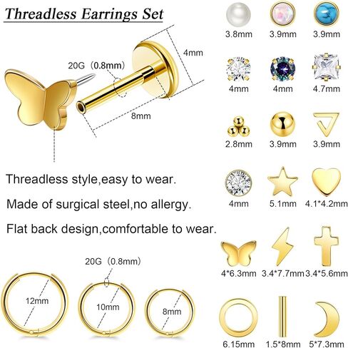 REVOLIA 21Pairs 20G Threadless Cartilage Earrings Set Surgical Steel Push in Earrings for Women Men Hypoallergenic Flat Back Earrings Huggie Hoop Earrings Heart Star Pearl Stud Earrings for Multiple Piercing 6/8mm in Saudi Arabia