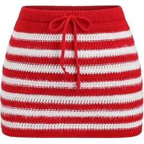 MakeMeChic Women's Striped Sweater Skirt Colorblock Drawstring Cute Mini Skirts
