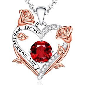 BAYLAY Rose Heart Birthstone Necklace for Women - S925 Sterling Silver Heart Birthstone Necklace Birthday Gifts for Women Valentines Day Christmas Jewelry Gifts for Wife Mom Grandma Daughter