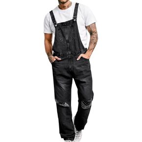 Runcati Men's Denim Bib Overall Ripped Jean Fashion Adjustable Strap Hippie Distressed Jumpsuit