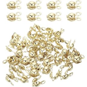 uxcell 180 Pcs 3.2mm Crimp End Caps, Clamshell Cord End Cap Connector Clasp Bead Tips Knot Covers Calotte End Crimp for DIY Jewelry Making, 14K Gold
