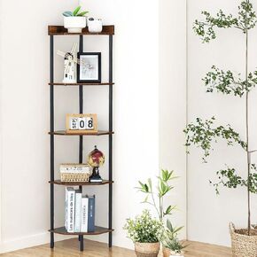 Corner Shelf Stand, Tall Corner Book Shelf Industrial 5 Tier Corner Display Rack Multipurpose Shelving Unit Corner Bookcase for Small Spaces Living Room Bedroom Home Office (Rustic Brown-5-Tier)