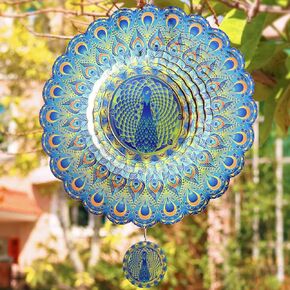 Peacock Wind Spinner Outdoor 3D Stainless Steel Garden Hanging Decorations Outdoor, 12 inch Metal Wind Spinners Clearance, Wind Kinetic Sculpture Yard Art Decor Gift for Women Men