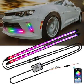 RGB LED Headlight Strips 24 inch Multi Color APP Control,Sequential Dynamic Amber Turn Light Daytime Running Light Grille Chassis Neon Lights Kit for Car Truck UTV SUV Golf Cart Off Road, 2PCS