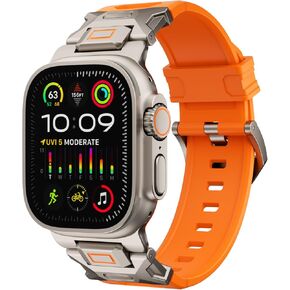Band for Apple Watch ULTRA 2 & ULTRA - Fluororubber (FKM) Sport Band Metal Connector Band 49mm for Apple Watch Ultra 2/Ultra/Series 10/9/8/7/6/5/4 SE 46mm 45mm 44mm 42mm Rugged Durable Strap