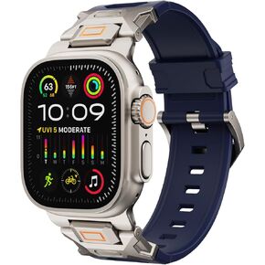 Band for Apple Watch ULTRA 2 & ULTRA - Fluororubber (FKM) Sport Band Metal Connector Band 49mm for Apple Watch Ultra 2/Ultra/Series 10/9/8/7/6/5/4 SE 46mm 45mm 44mm 42mm Rugged Durable Strap