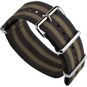 Geckota Vintage Bond 1973 British Military Nylon Mens Replacement Watch Strap. Dark Blue, Red and Olive Green Stripes. Rugged, Quick-Drying and Secure Wristwatch Strap