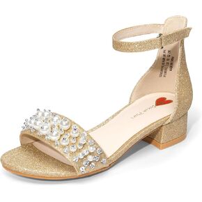 DREAM PAIRS Girls Sandals Low Heel Pump Ankle Strap Pearl Dress Flower Wedding Party Shoes for Little Kid/Big Kid