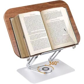 Honagu Book Stand for Reading, Adjustable Book Holder with 360 Degree Rotating Base & Page Clips, Foldable Desktop Cookbook Stand for Documents, Sheet Music, Magazines, Textbook, Cookbooks (Wood)