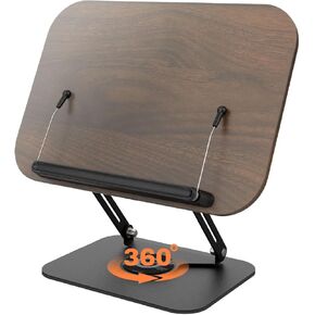 Book Stand for Reading: 360 Rotating Adjustable Book Holder, Recipe&Textbook Stand for Reading, Bookends Fits Desktop&Kitchen Counter for Music Scores, Recipe, Tablet, Laptop(Black Walnut Wood)