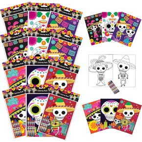 Tiny Mills Day of the Day Coloring Books for Kids with 12 Coloring Books and 48 Crayons, Halloween Party Favors, Dia de Los Muertos Favor Bag Fillers Carnival Prizes Sugar Skulls