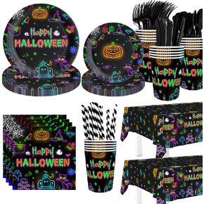 194pcs Happy Halloween Decorations Halloween Neon Party Plates, Cup, Napkin, Tablecloth, Tableware, Halloween Disposable Birthday Party Supplies Plates Serve 24 Guests