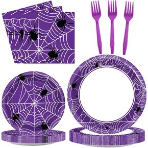 Qyeahkj 100PCS Halloween Spider Web Party Plates and Napkins Halloween Party Supplies Purple Spiderweb Party Tableware Set Halloween Paper Plates for Halloween Theme Party Decor Favors Serves 25r