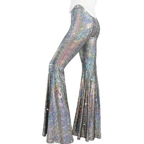 Womens Sequin Flare Pant Sparkly High Waisted Leg Bell Bottom Glitter Trousers Night Out Clubwear