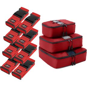 Gorilla Grip Luggage Straps and Packing Cubes, Luggage Straps Tightening Belts 8 Pack, Packing Cubes with Zipper Pack of 3, both in Red, 2 item Bundle