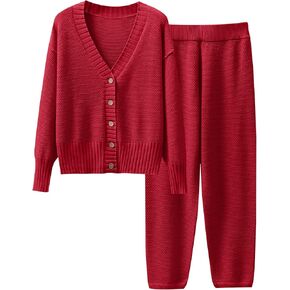 Caracilia Womens 2 Piece Outfits Knit Long Sleeve Cardigan Casual Sweater Pants Sets 2024 Fall Lounge Pajamas Set