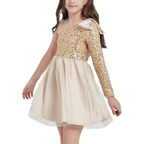 EXARUS Girls Sequin Tulle Tutu Fancy Dress One Shoulder Party Sparkle Long Sleeve Special Occasion Short Dress