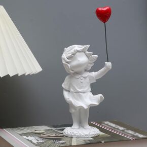 Delicate White Girl Statue - Holding Bright Red Balloon Home Decorations