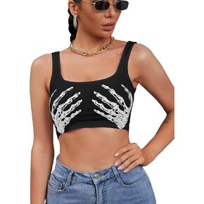 Women's Sexy Skeleton Skull Hand Print Sleeveless Funny Halloween Crop Tank Top Shirts