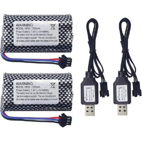 2PCS 7.4V 1500mAh SM-3P Plug Lithium Battery with USB Charging Cable for DE43 DE60 RC Racing RC Car Batteries 1575 Dump Truck Construction Vehicle Toy Car