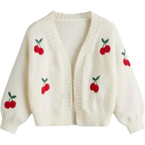 GORGLITTER Girl's Cherry Print Cardigan Sweater Open Front Long Sleeve Cute Sweaters