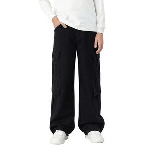 Verdusa Boy's Casual Elastic Waist Denim Cargo Pants Straight Leg Trousers with Pocket